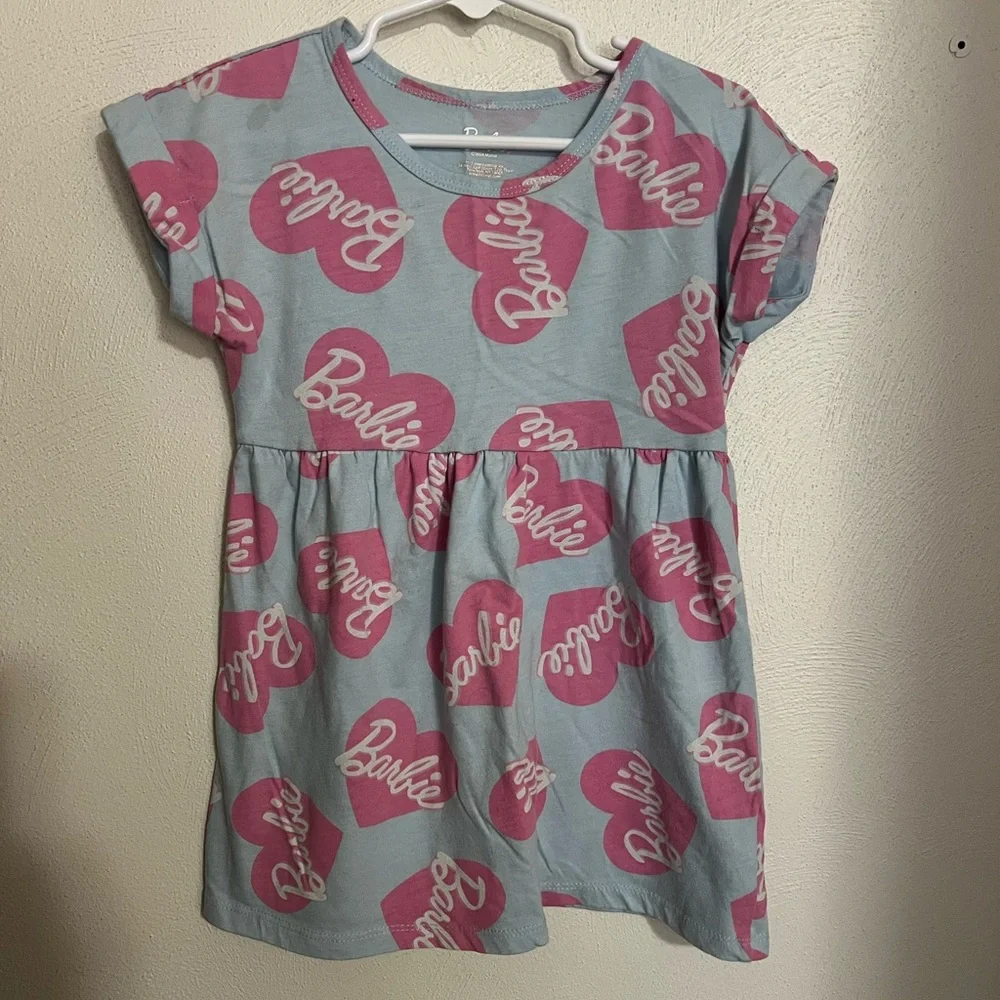 BARBIE Classic Logo Short Sleeve Casual Play Dress Blue Pink‎ White Girl's Sz XS